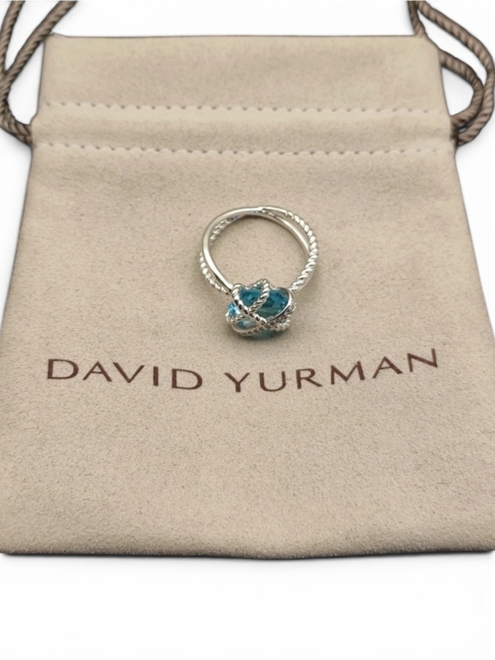 David Yurman Chatelaine Ring 8mm Blue Topaz & Diamonds 925, Size 7 BEAUTIFUL!